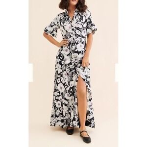 Anthropologie Maeve Printed Short-Sleeve Maxi Shirt Dress Sz S Black White